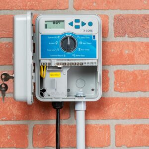 Irrigation controller box mounted on brick wall