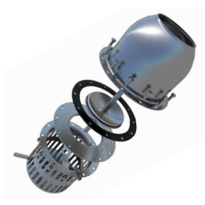 Exploded view of a metal industrial strainer assembly