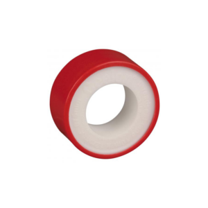 Red and white plumbing thread seal tape roll.