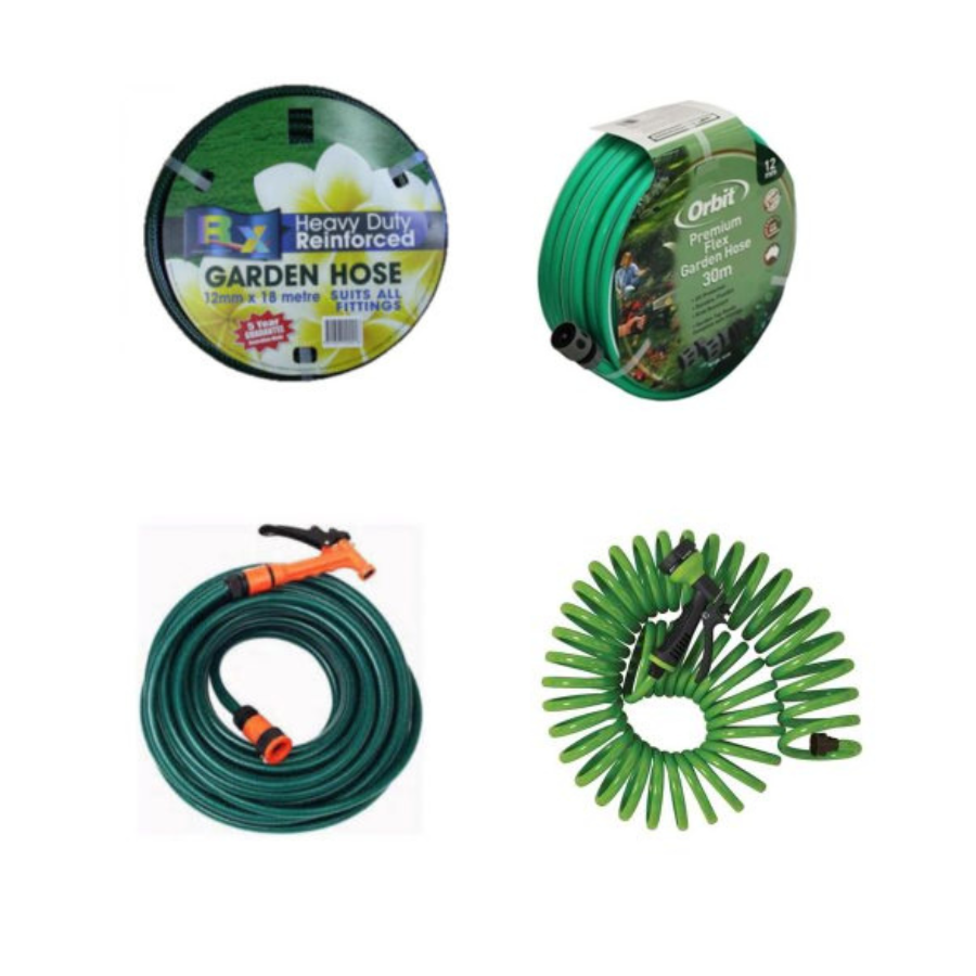 Selection of green garden hoses in various designs.