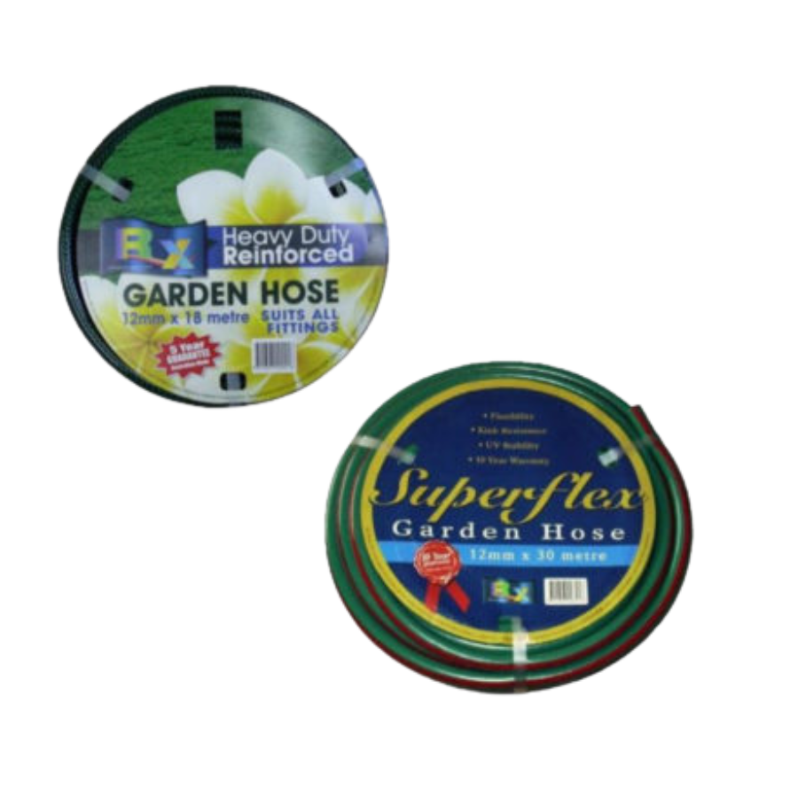 Two heavy duty garden hoses with labels.