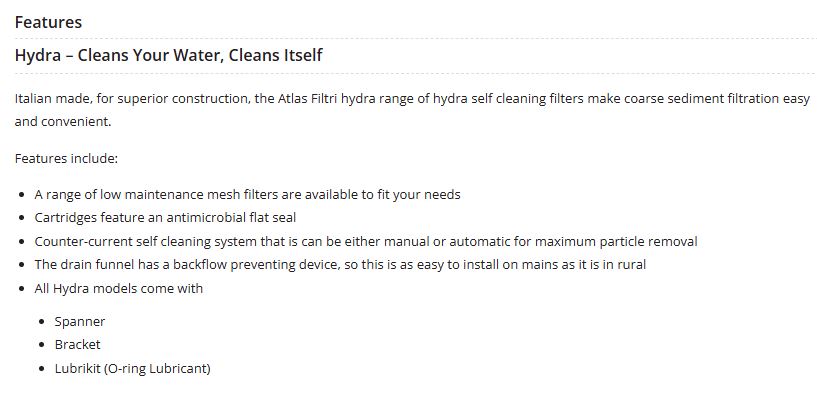 Atlas Filtri Hydra self-cleaning water filter features.
