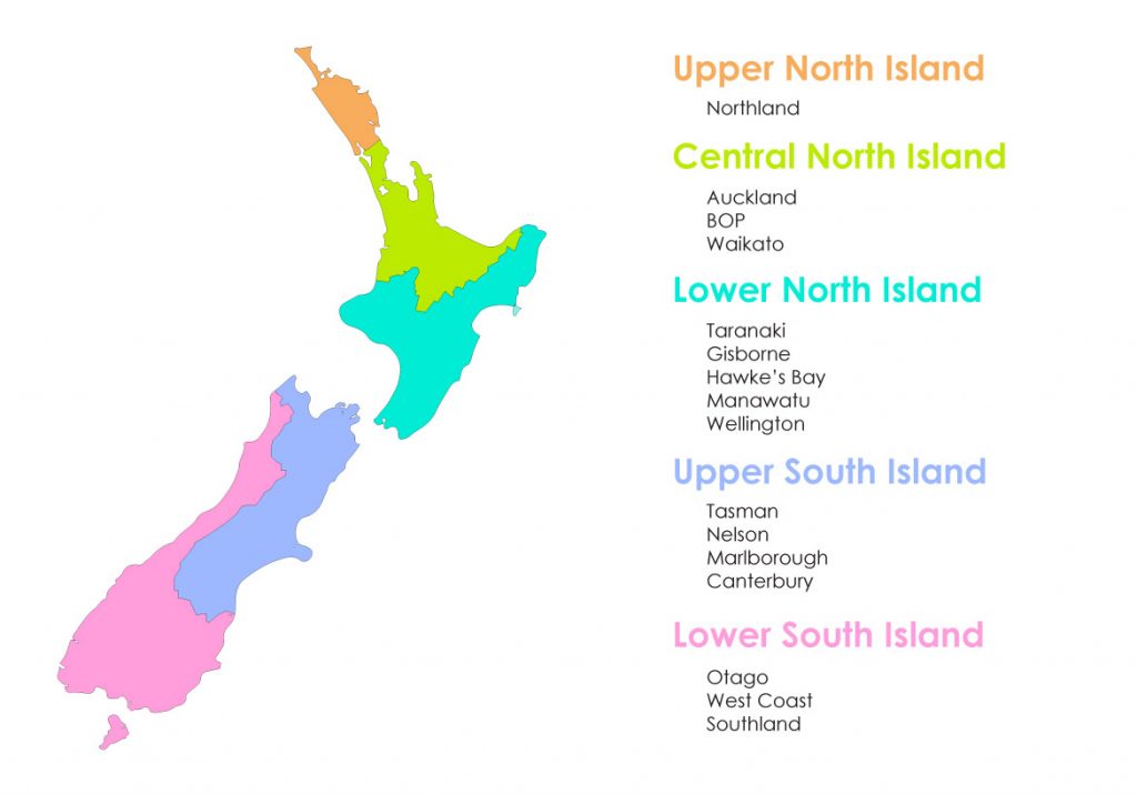 Colour-coded map of New Zealand regions