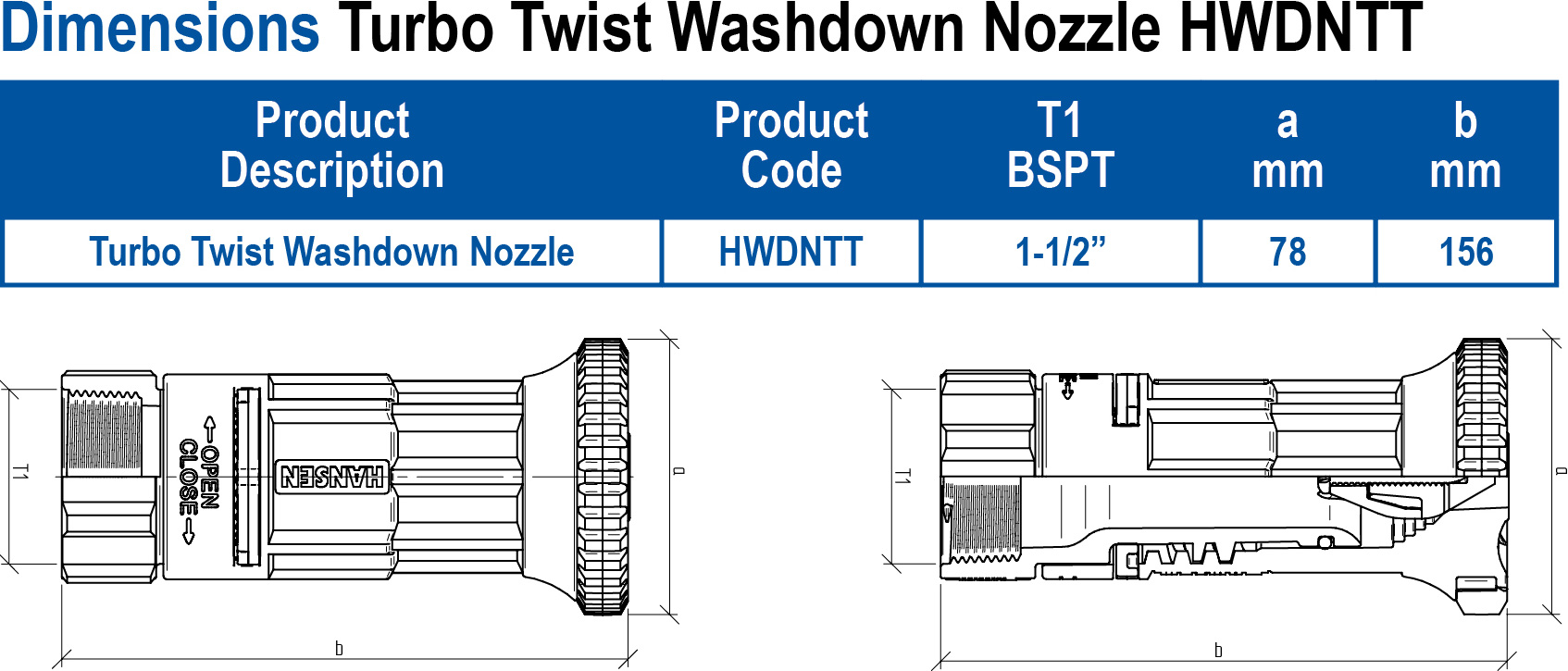 Technical drawing of Turbo Twist washdown nozzle dimensions