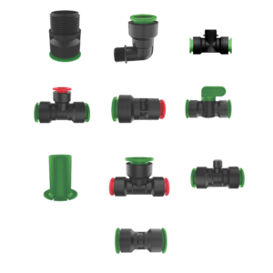 Assorted black irrigation pipe fittings with coloured seals
