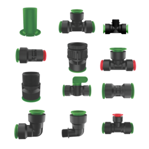 Assorted black and green irrigation pipe fittings